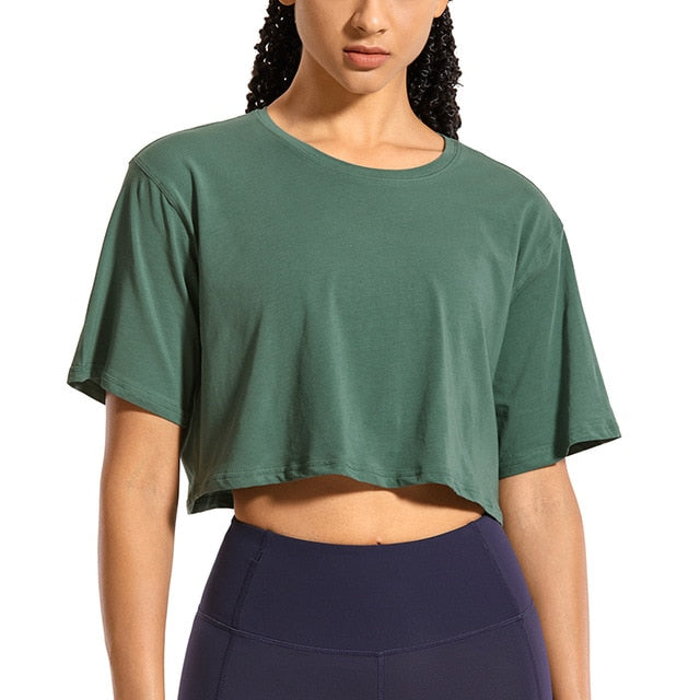 Women's Pima Cotton YOGA Crop Tops Short Sleeve Running T-Shirts Casual Athletic Tees