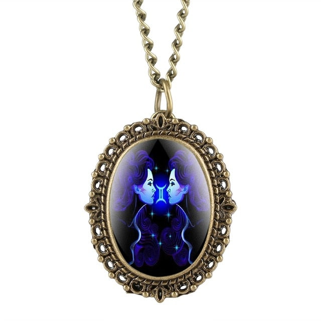 New 12 Constellation Astrology Oval Pocket Watch Unique Fluorescent Blue Zodiac Necklace Pendant Quartz
