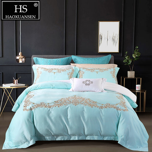 Luxury 650 Thread Count 100% Pima Cotton Blue Bedding Sets Classical Euro Floral Embroidery 4pcs Bed Linen Set Queen King Size