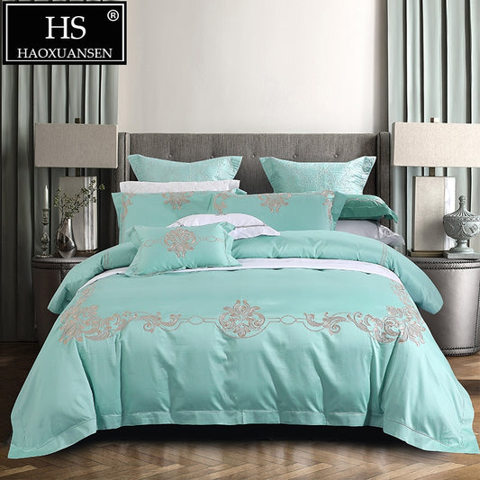100% Natural Cotton Light Green 4pcs Bedding Sets European Floral Embroidery Quilt Cover Set Queen King Size Comfortable Durable