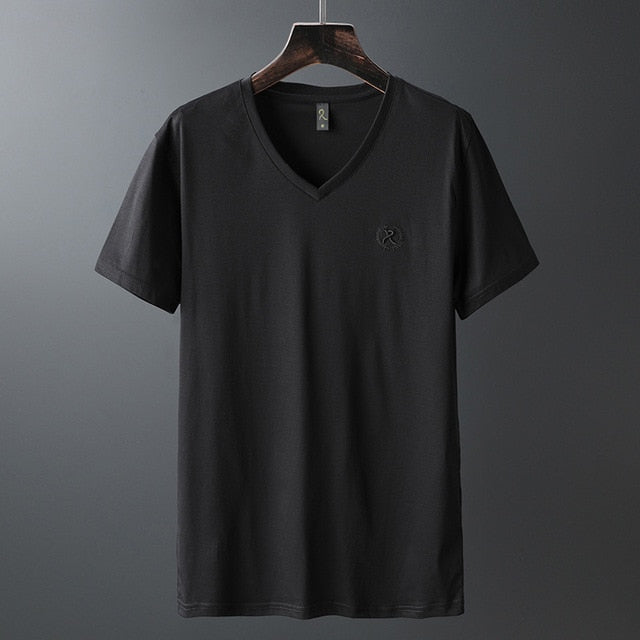 Brand Luxury V Neck Ice Silk T Shirt Men 100% Pima Cotton Mercerized Short Sleeve T-Shirt R Embroidery Solid Color Summer Top