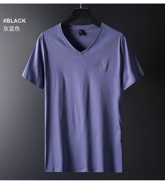 Brand Luxury V Neck Ice Silk T Shirt Men 100% Pima Cotton Mercerized Short Sleeve T-Shirt R Embroidery Solid Color Summer Top