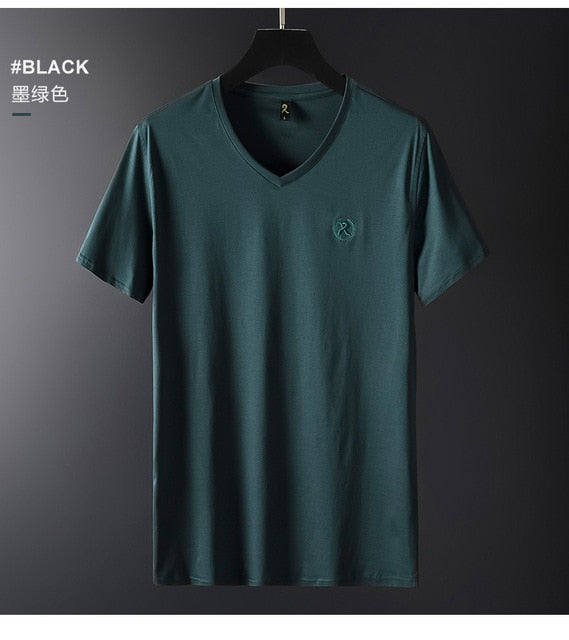 Brand Luxury V Neck Ice Silk T Shirt Men 100% Pima Cotton Mercerized Short Sleeve T-Shirt R Embroidery Solid Color Summer Top