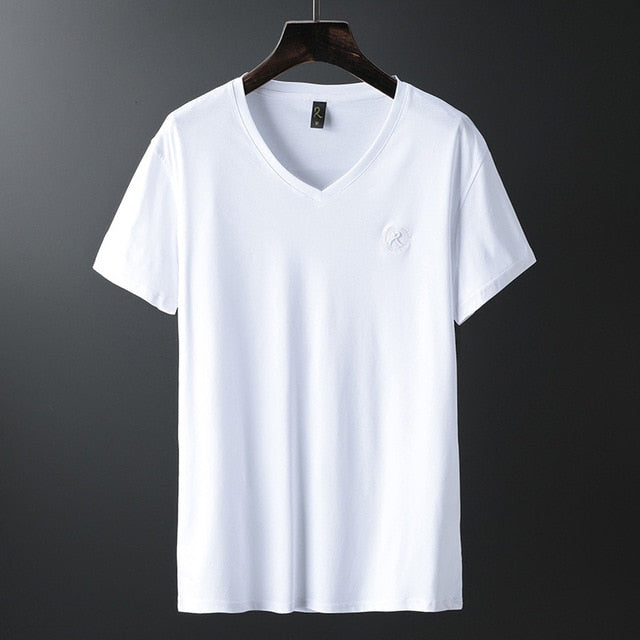 Brand Luxury V Neck Ice Silk T Shirt Men 100% Pima Cotton Mercerized Short Sleeve T-Shirt R Embroidery Solid Color Summer Top