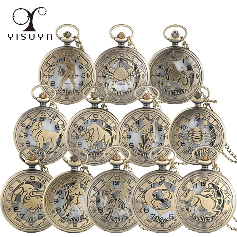 Vintage Zodiac Pattern Pocket Watch Modern Necklace Chain Copper Retro Style Twelve Constellation Men Women Clock Relogio Gift