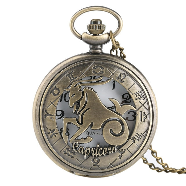 Vintage Zodiac Pattern Pocket Watch Modern Necklace Chain Copper Retro Style Twelve Constellation Men Women Clock Relogio Gift