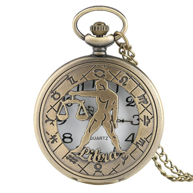 Vintage Zodiac Pattern Pocket Watch Modern Necklace Chain Copper Retro Style Twelve Constellation Men Women Clock Relogio Gift