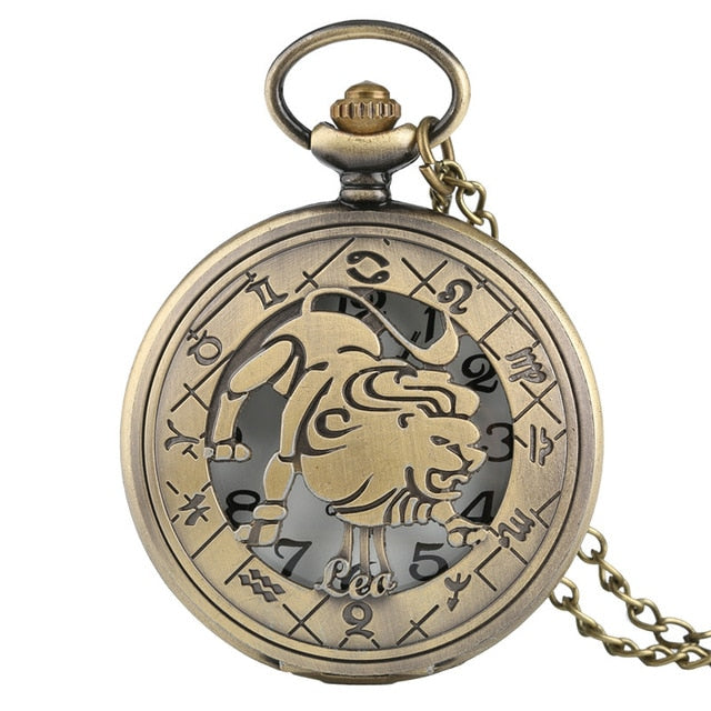 Vintage Zodiac Pattern Pocket Watch Modern Necklace Chain Copper Retro Style Twelve Constellation Men Women Clock Relogio Gift