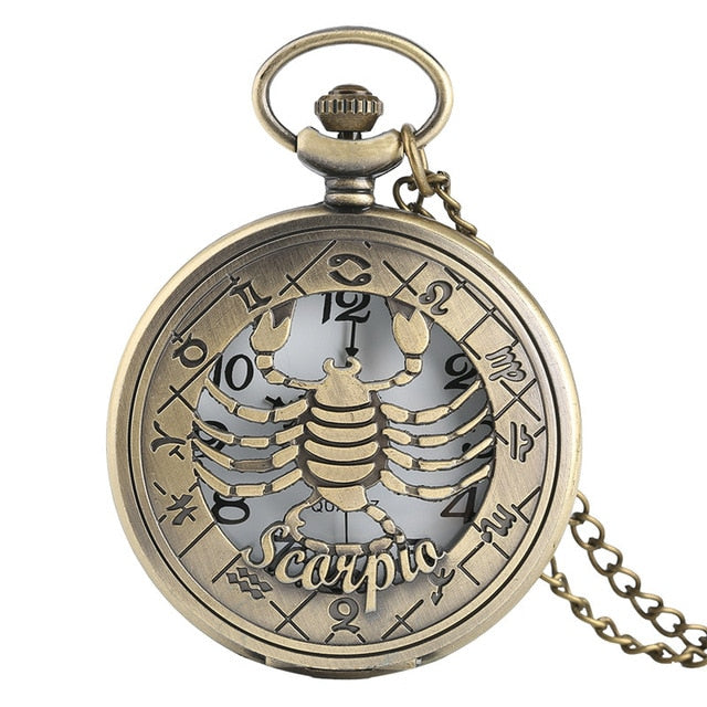 Vintage Zodiac Pattern Pocket Watch Modern Necklace Chain Copper Retro Style Twelve Constellation Men Women Clock Relogio Gift