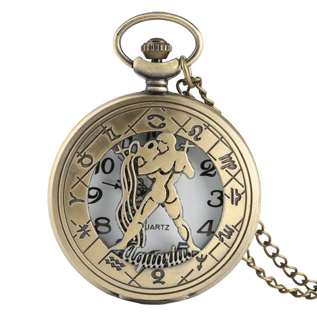 Vintage Zodiac Pattern Pocket Watch Modern Necklace Chain Copper Retro Style Twelve Constellation Men Women Clock Relogio Gift