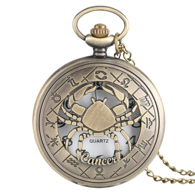 Vintage Zodiac Pattern Pocket Watch Modern Necklace Chain Copper Retro Style Twelve Constellation Men Women Clock Relogio Gift