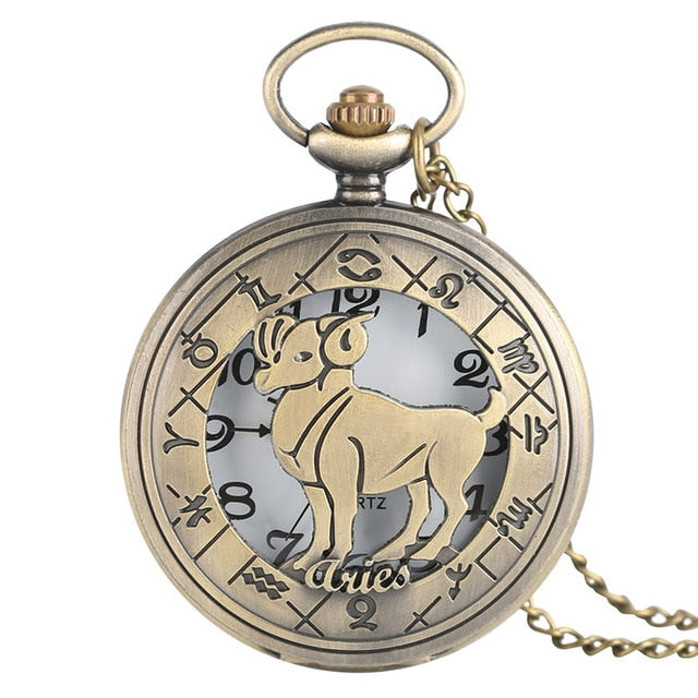 Vintage Zodiac Pattern Pocket Watch Modern Necklace Chain Copper Retro Style Twelve Constellation Men Women Clock Relogio Gift