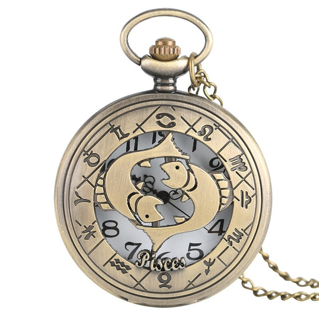 Vintage Zodiac Pattern Pocket Watch Modern Necklace Chain Copper Retro Style Twelve Constellation Men Women Clock Relogio Gift