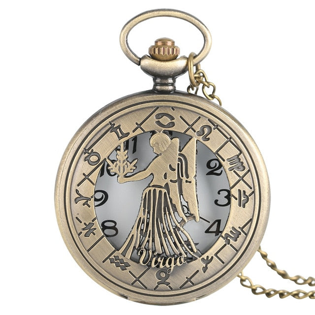 Vintage Zodiac Pattern Pocket Watch Modern Necklace Chain Copper Retro Style Twelve Constellation Men Women Clock Relogio Gift