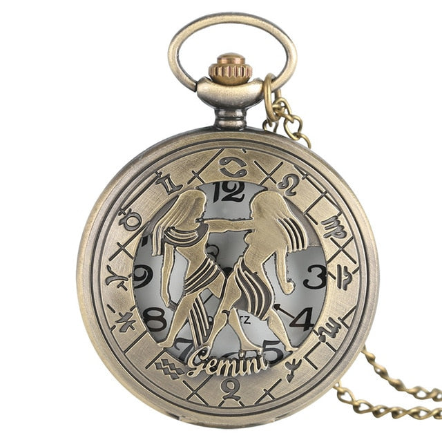 Vintage Zodiac Pattern Pocket Watch Modern Necklace Chain Copper Retro Style Twelve Constellation Men Women Clock Relogio Gift