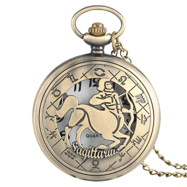 Vintage Zodiac Pattern Pocket Watch Modern Necklace Chain Copper Retro Style Twelve Constellation Men Women Clock Relogio Gift