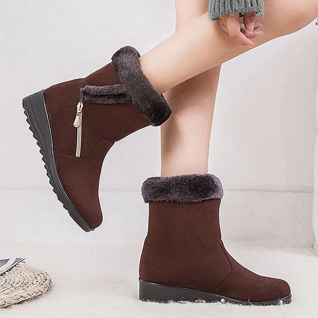 Casual Women Winter Solid Flat Plush Warm Snow Boots Zipper Platform Ankle