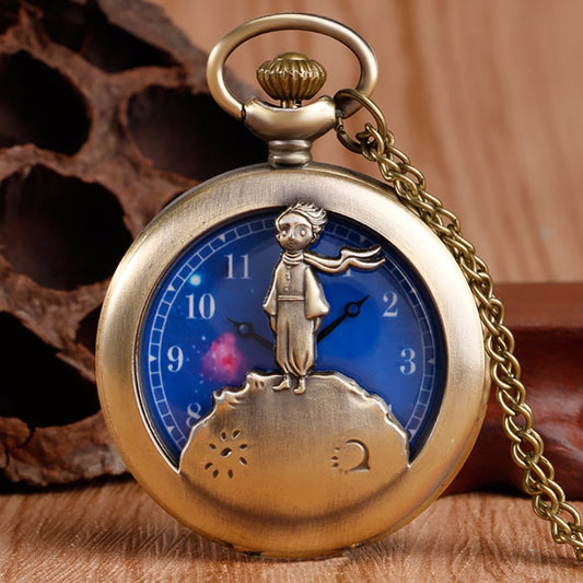 “Classic” The Little Prince Movie Planet Blue Bronze Vintage Quartz Pocket FOB Watch Popular Gifts for Boys Girls Kids