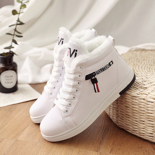 Women Winter Warm Ankle Boots PU Plush Winter Sneakers Flats Lace Up Short Snow Boots
