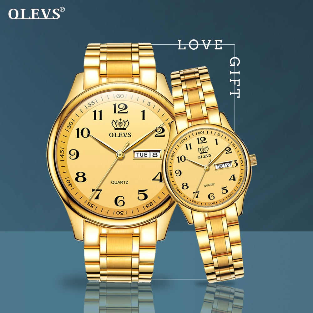 OLEVS Gold Casual Sport Couple Watch Week Display Autodate Stainless Steel Women Watches Waterproof Clock Relogio