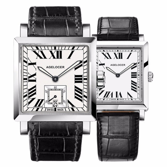 Agelocer Couple Watches For Men Women Square Quartz Watches Genuine Leather Band Waterproof Watches 3301-3401