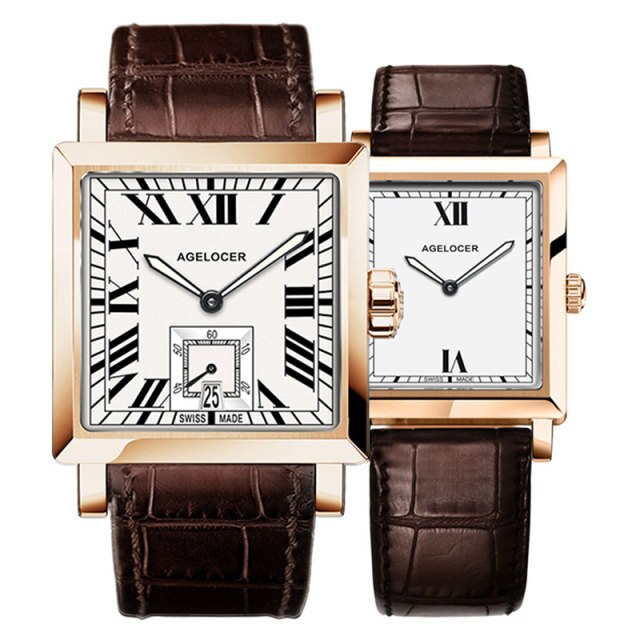 Agelocer Couple Watches For Men Women Square Quartz Watches Genuine Leather Band Waterproof Watches 3301-3401