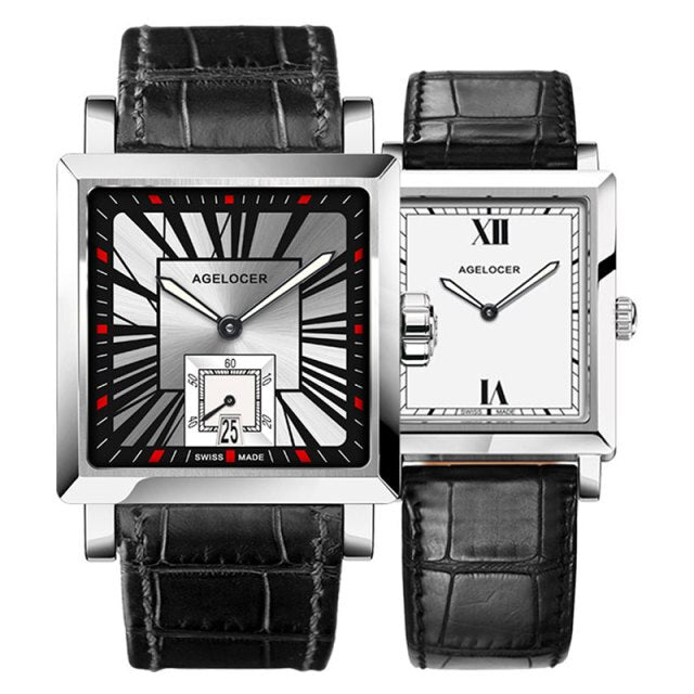 Agelocer Couple Watches For Men Women Square Quartz Watches Genuine Leather Band Waterproof Watches 3301-3401