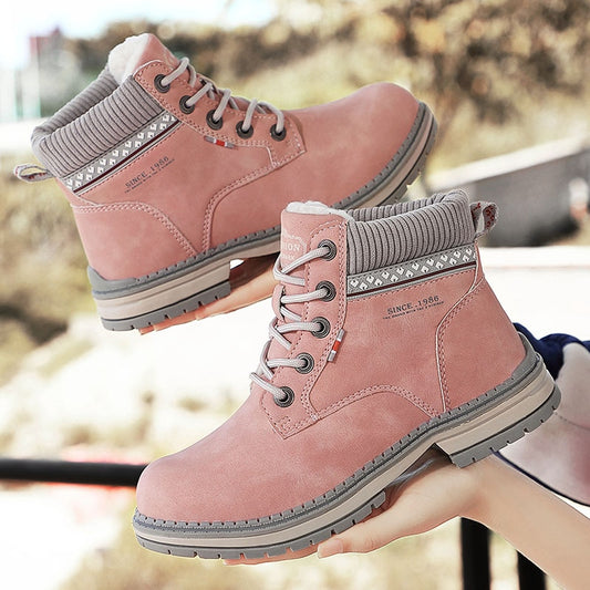 JOKIHA Ankle Boots Women Winter PU Leather Plush Warm Waterproof Short Motorcycle Boots Women's Shoes Booties