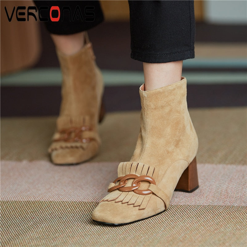 VERCONAS Autumn Winter Women Ankle Boots Kid Suede Shoes Woman Square Toe Chain Side Zipper New Office Thick Heel Boots