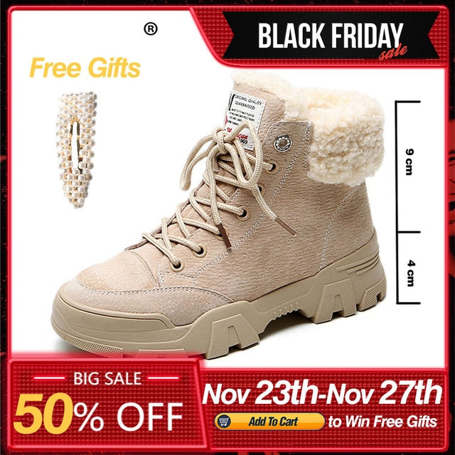 Fujin Women Snow Boots Beige Plush Warm Fur Casual Boots Shoes Sneakers Ankle Booties Platform Thick Sole Lace-Up Winter Shoes