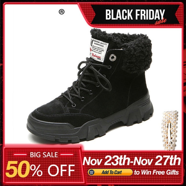 Fujin Women Snow Boots Beige Plush Warm Fur Casual Boots Shoes Sneakers Ankle Booties Platform Thick Sole Lace-Up Winter Shoes