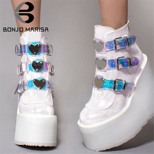 BONJOMARISA INS Hot Brand High Platform Ankle Boots Women Fashion PVC Strap Decorating High Wedges Shoes Woman