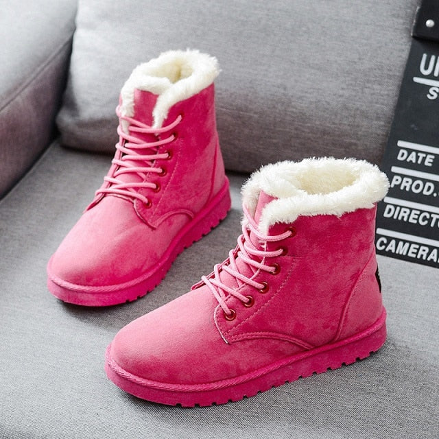 Solid Winter Women Faux Suede Ankle Warm Fur Booties Leather Shoe Boots