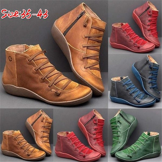 WEALTHY Women's PU Leather Ankle Boots Autumn Winter Cross Strappy Vintage Zipper Punk Flat Short Snow Lace-Up Shoes