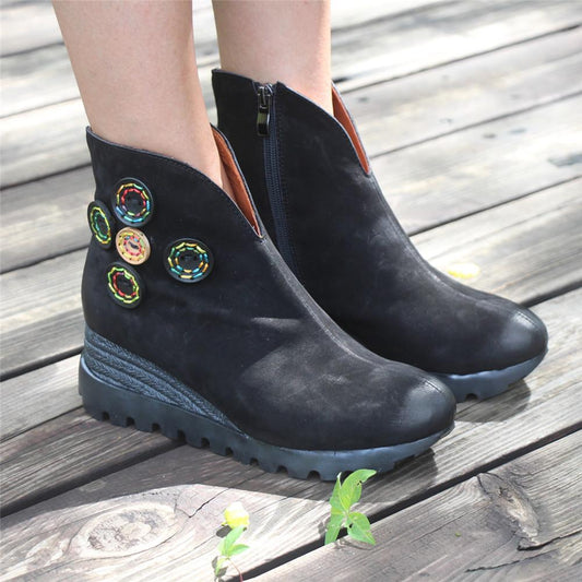 Retro Nubuck Boots For Womens Leather Platform Boots Black/Coffee