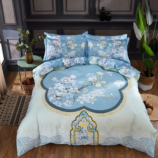Luxury Classical Chinese Style Bedding Set 4pcs 100% Pima Cotton Blue and White Porcelain Duvet Cover Bed Sheet 2 Pillowcase