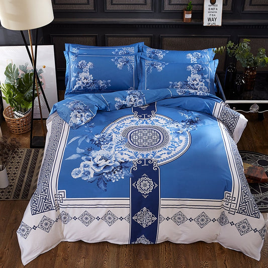 Luxury Classical Chinese Style Bedding Set 4pcs 100% Pima Cotton Blue and White Porcelain Duvet Cover Bed Sheet 2 Pillowcase