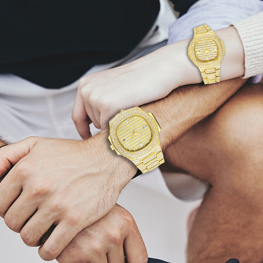 MISSFOX Top Luxury Brand Fashion 18K Gold Full Dimaond Decorated Women's Men's Steel Quartz Waterproof Iced Out Couple Watch Set